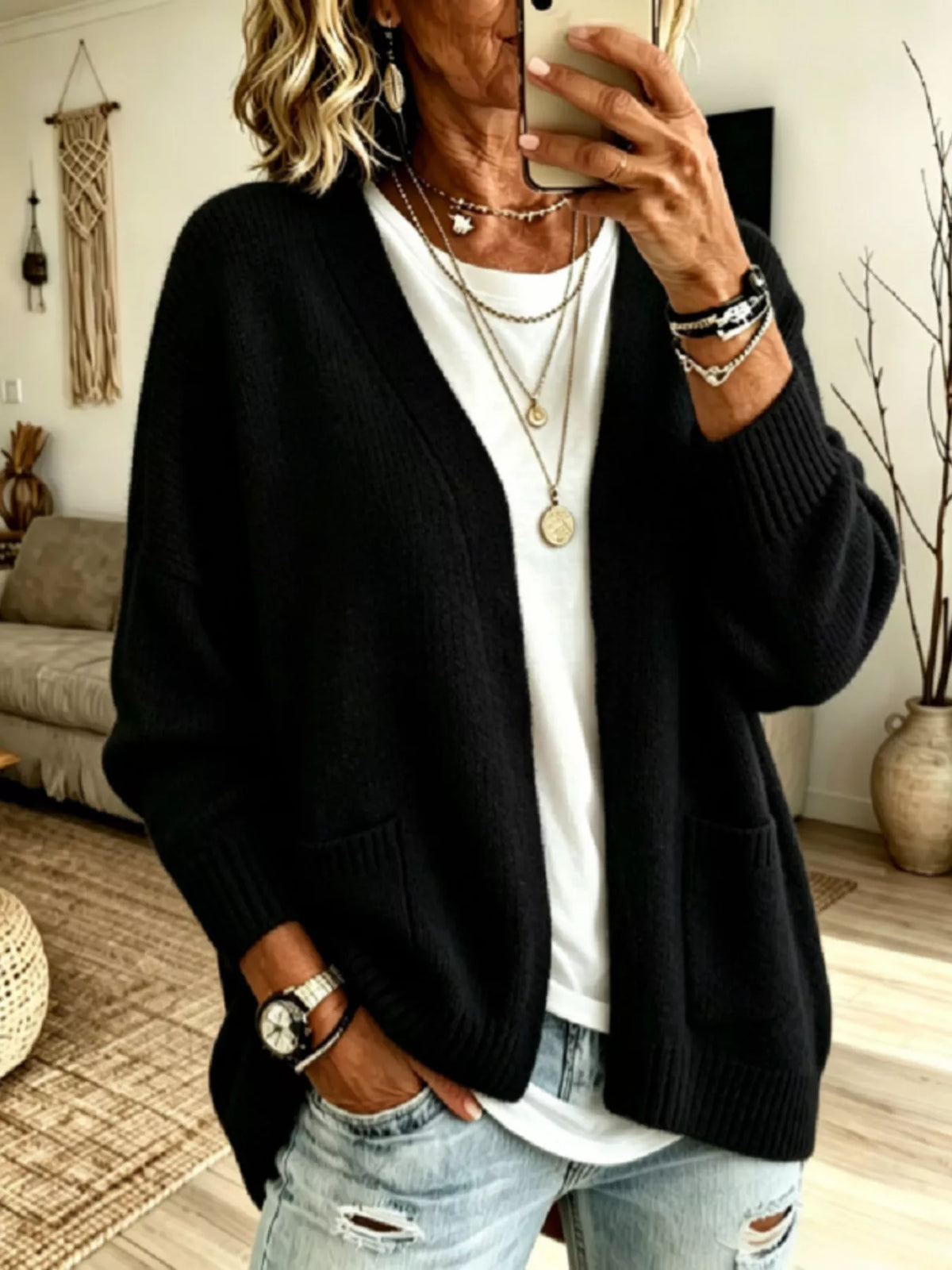 Open Front Knit Cardigan with Pockets - Black - View 5