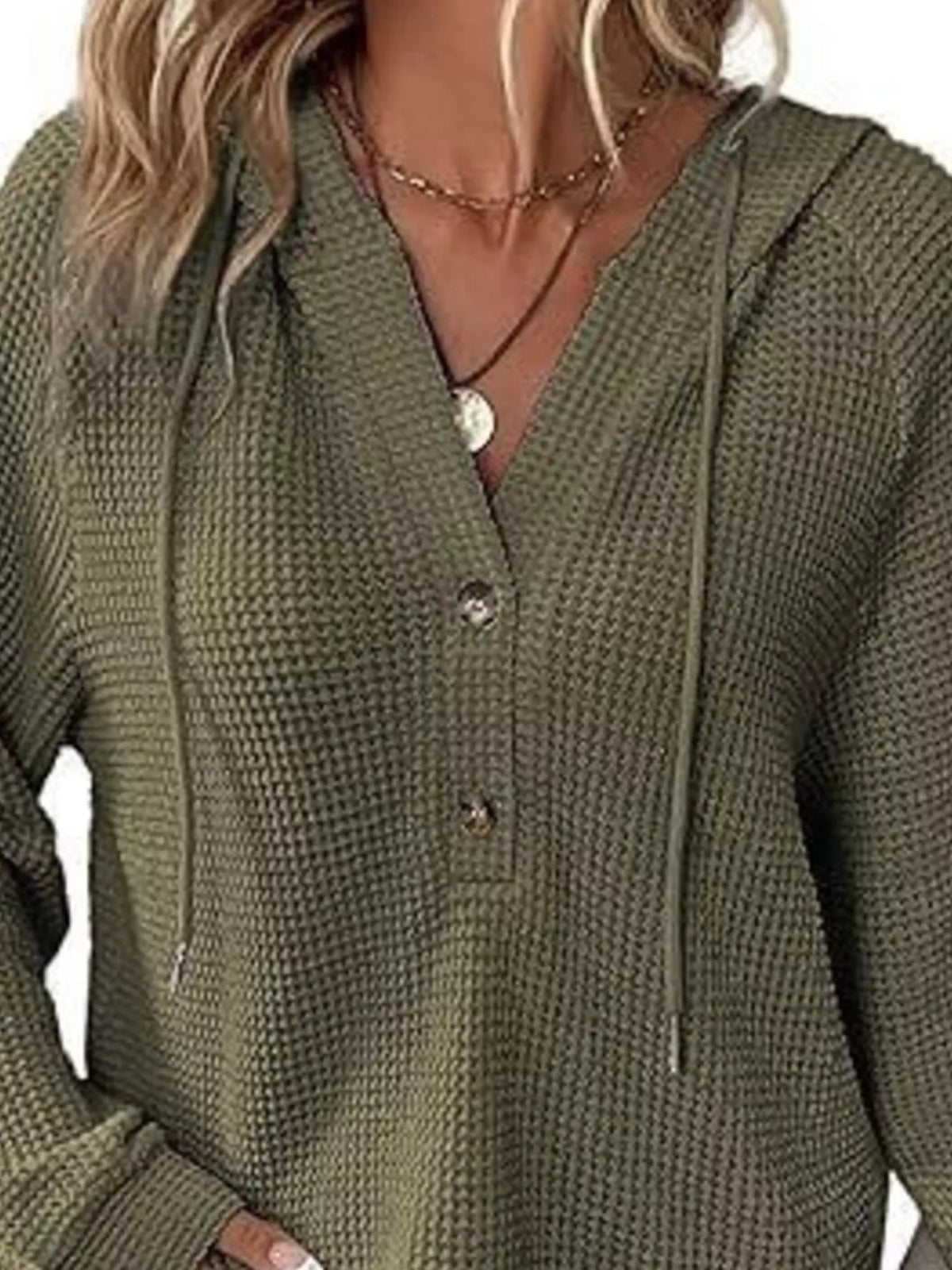 Full Size Waffle Knit Half-Button Hoodie Plus Size - Green - View 10