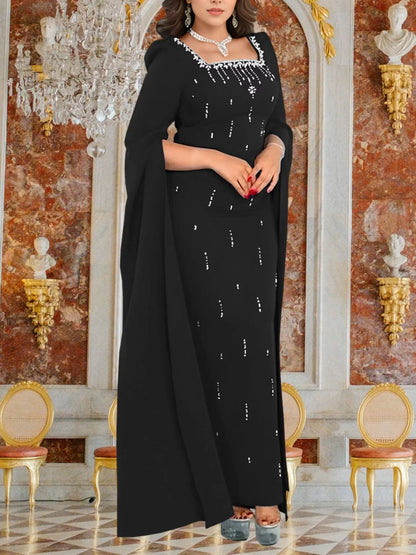 Rhinestone Square Neck Slit Sleeve Maxi Dress - Black - View 1