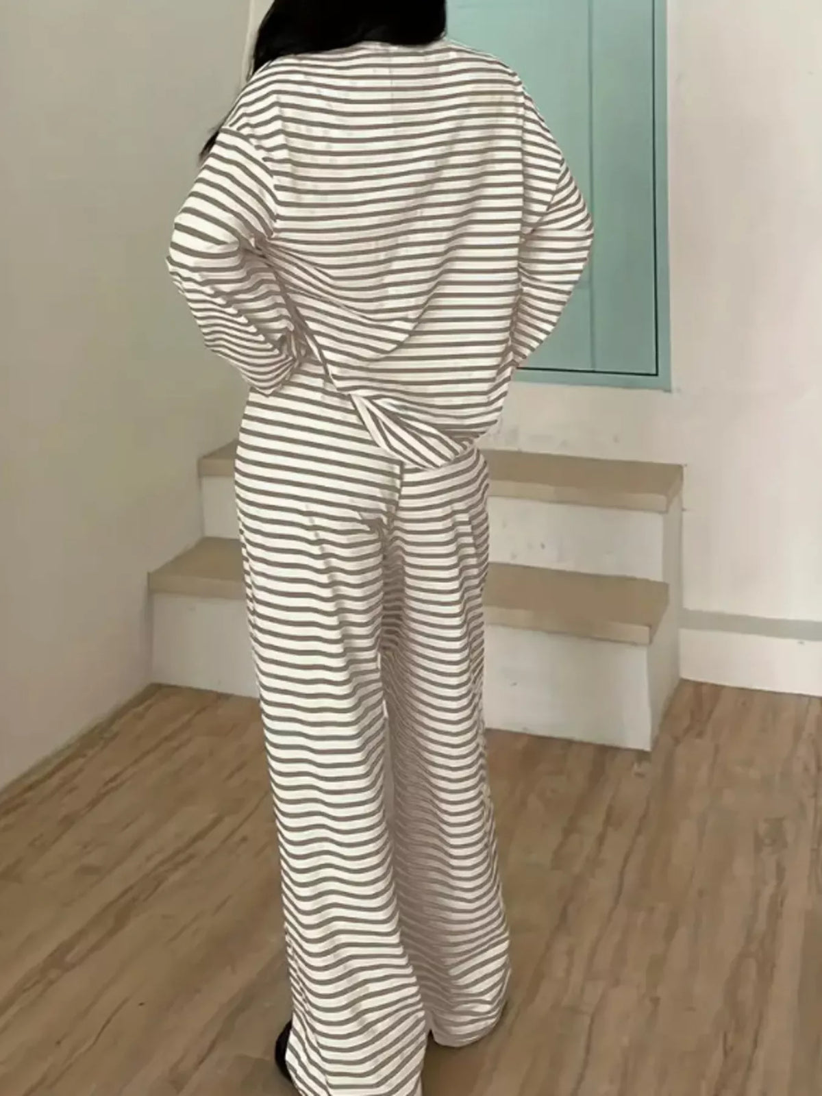 Striped Long Sleeve Top and Pants Set - Khaki - View 4