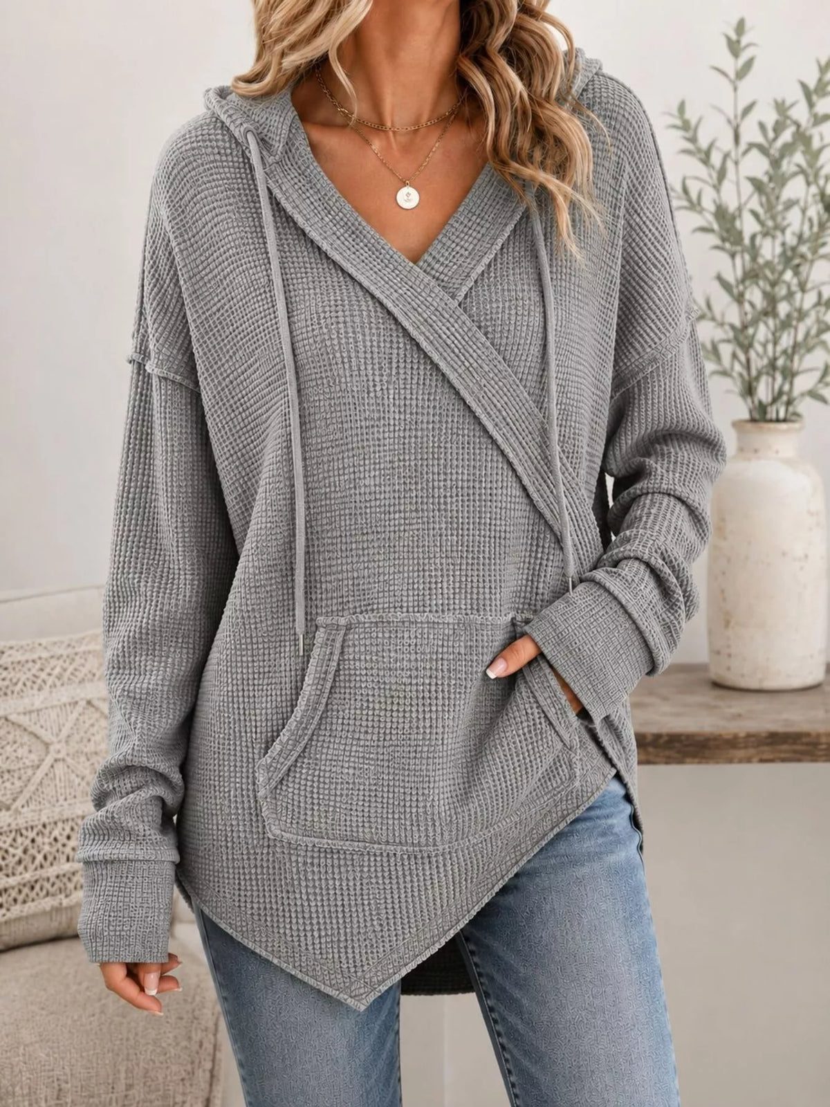 Drawstring Waffle Knit Hoodie - Gray - View 1