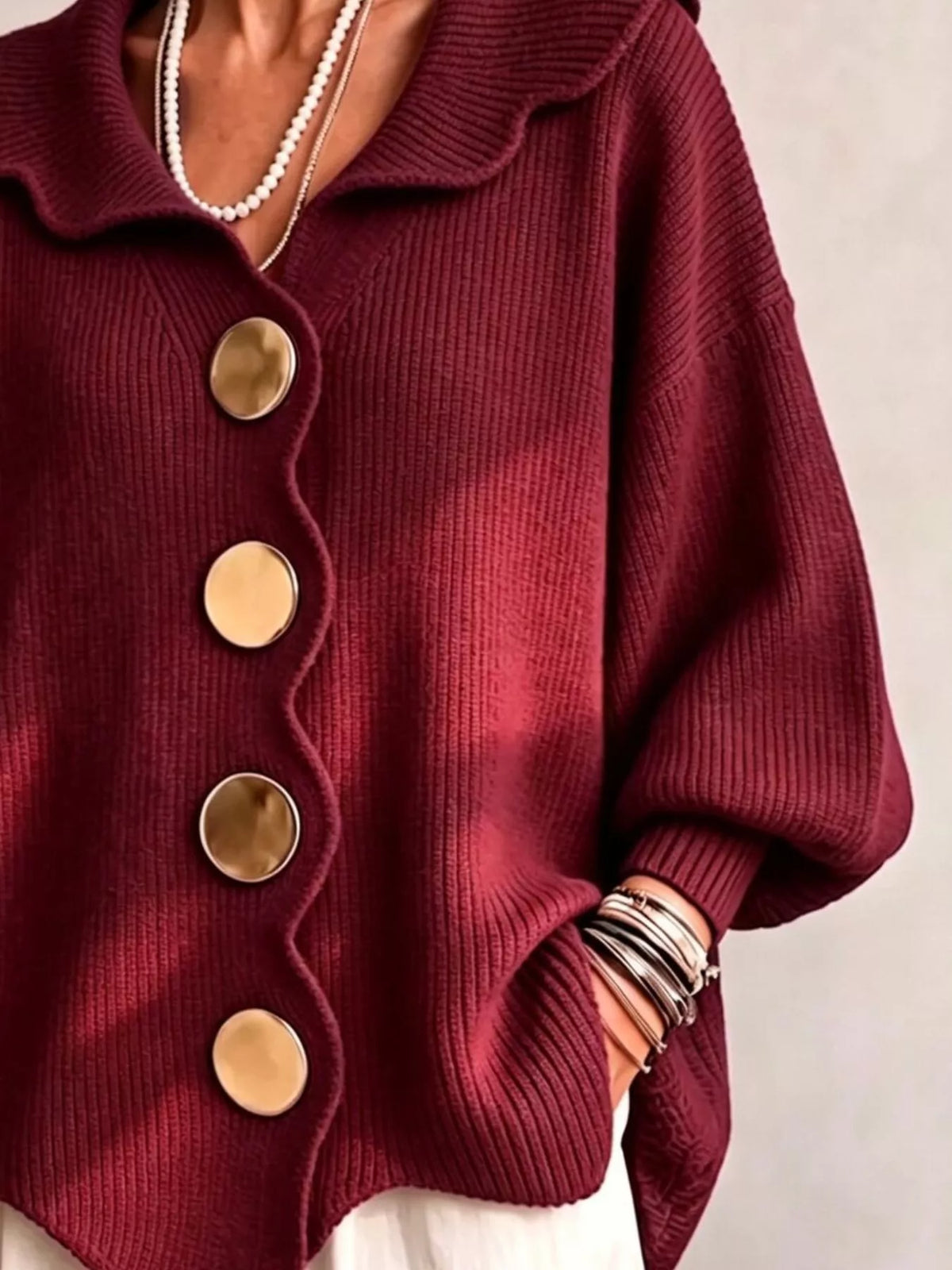 Full Size Scalloped-Edge Button-Down Cardigan Plus Size - Burgundy - View 3