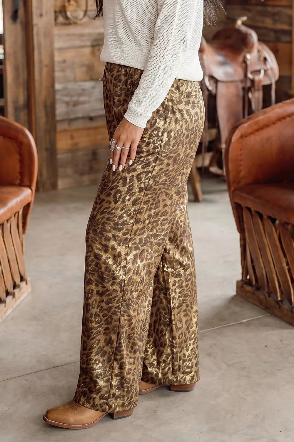 Multicolour Leopard Print Western Style Wide Leg Full Length Pants - Leopard - View 4