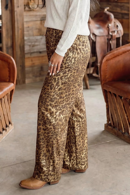 Multicolour Leopard Print Western Style Wide Leg Full Length Pants - Leopard - View 4