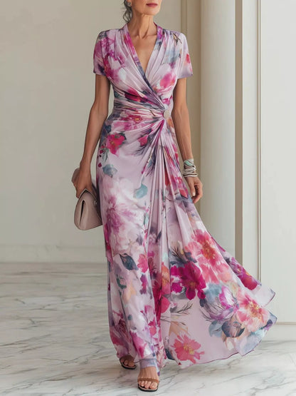 Floral Print Ruched Short Sleeve Maxi Dress - Moonlit Mauve - View 1