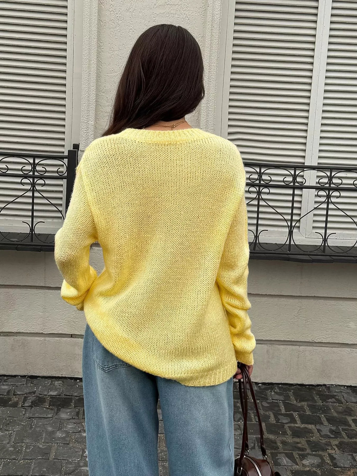 Crew Neck Dropped Shoulder Sweater - Yellow - View 5
