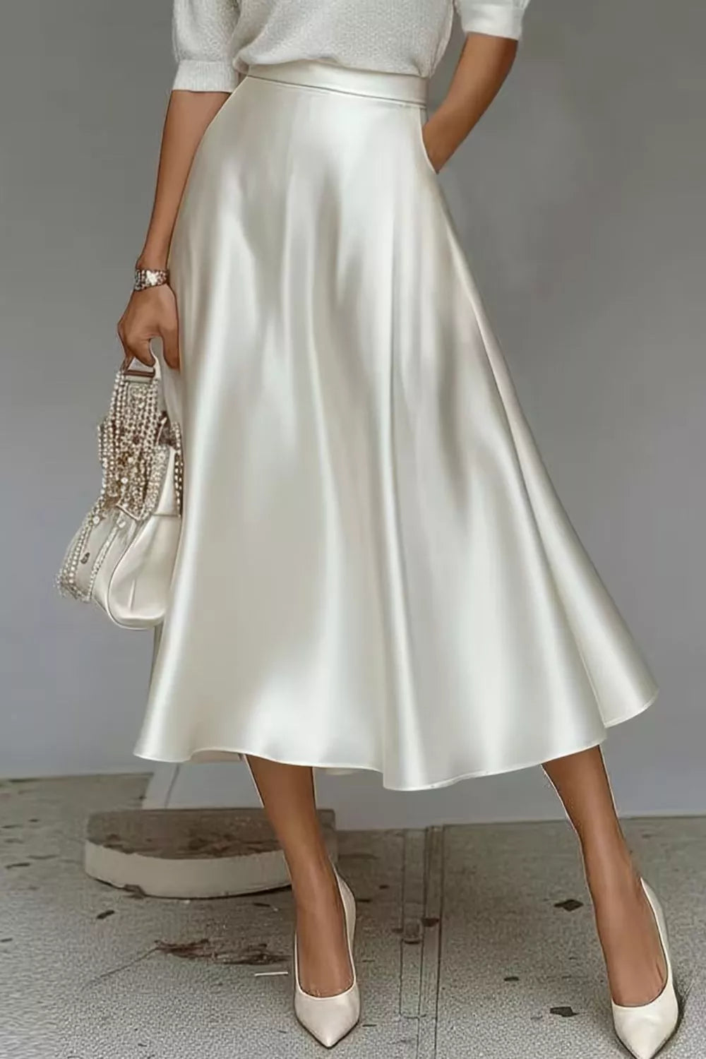 Satin A-Line Midi Skirt - White - View 2