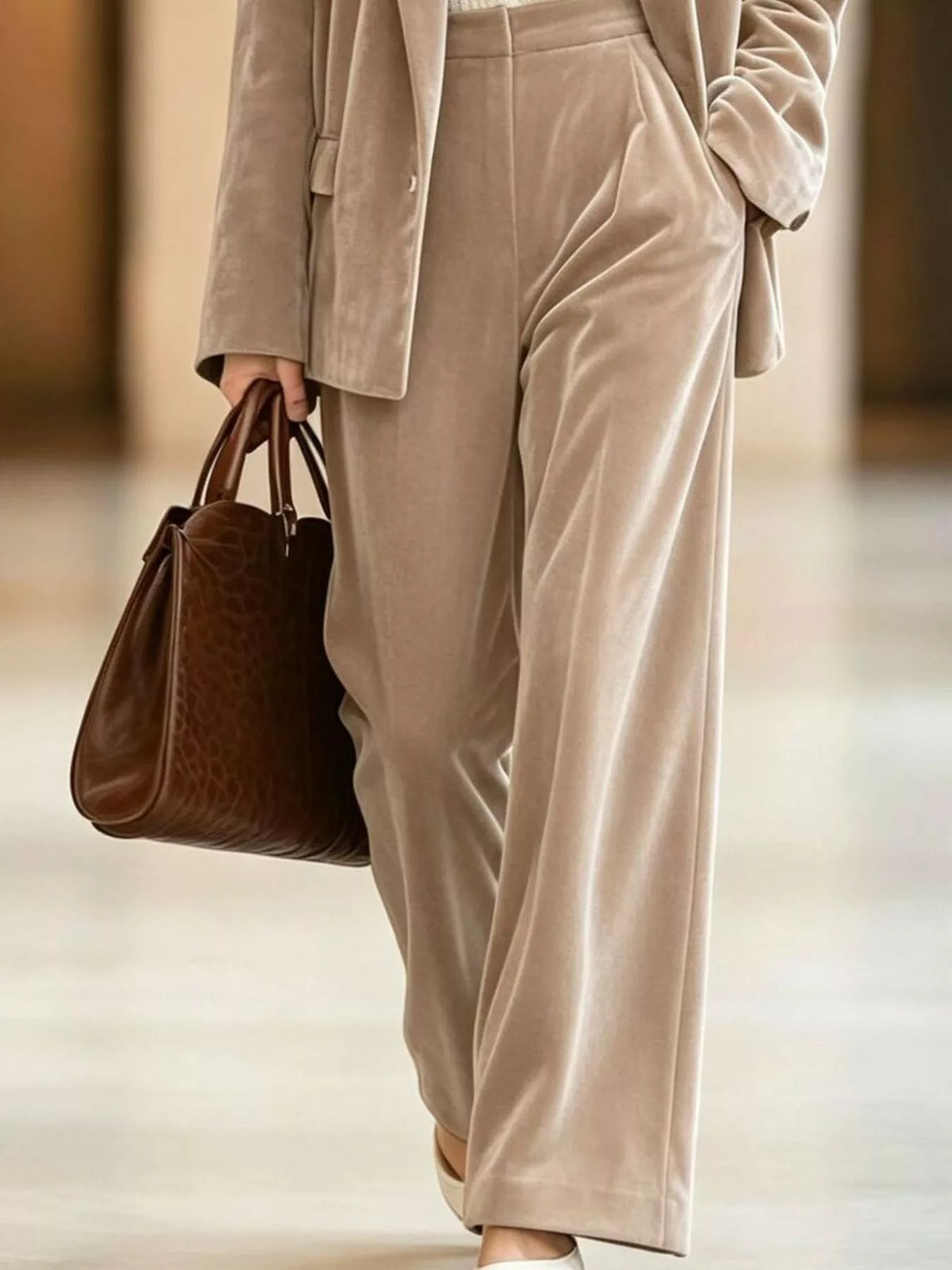 Velvet Blazer and Wide-Leg Pants Two-Piece Set - Khaki - View 2