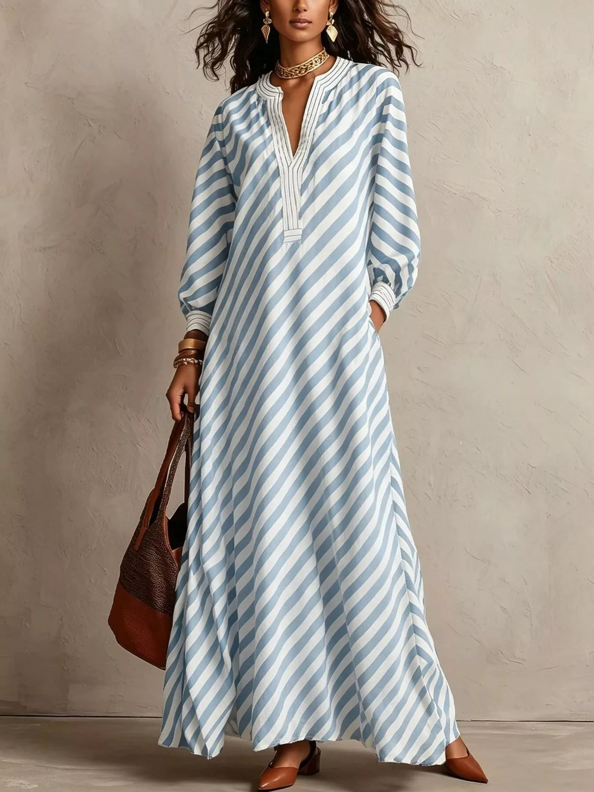 Striped Long Sleeves Maxi Dress - Light Blue - View 1