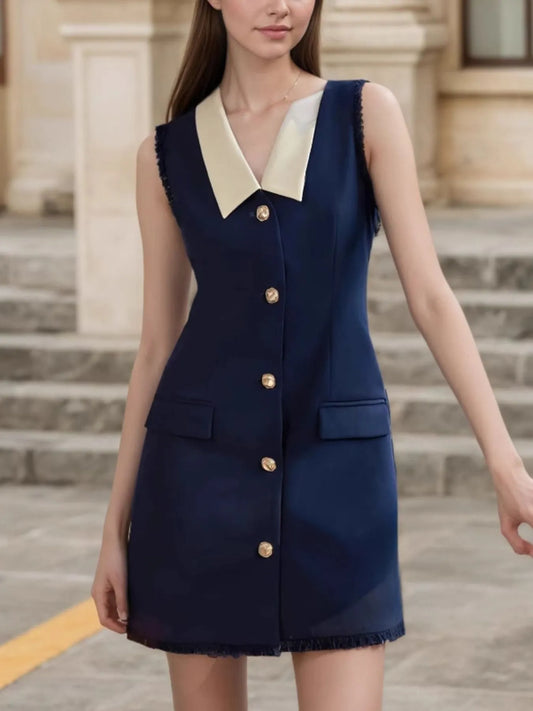 Contrast Collar Button-Front Sleeveless Mini Dress - Dark Blue - View 1