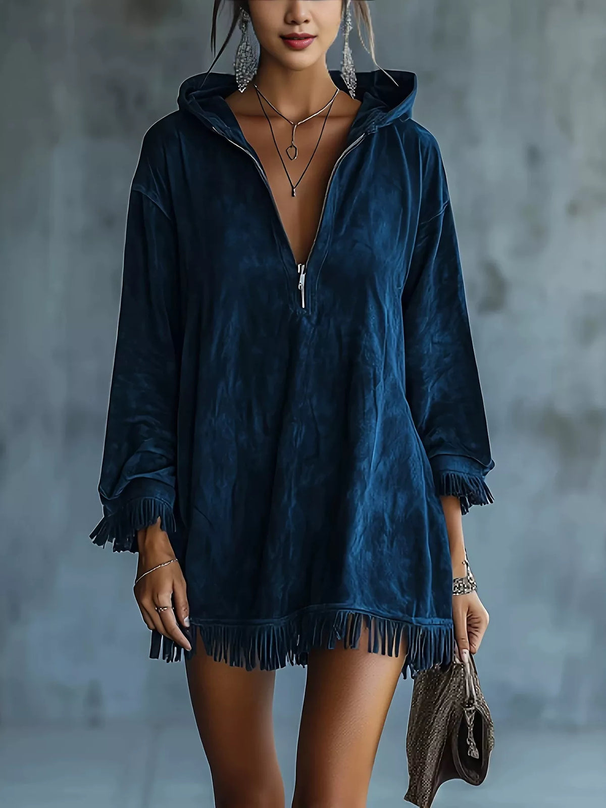Full Size Hooded Fringed Half Zip Mini Dress Plus Size - Dark Blue - View 1
