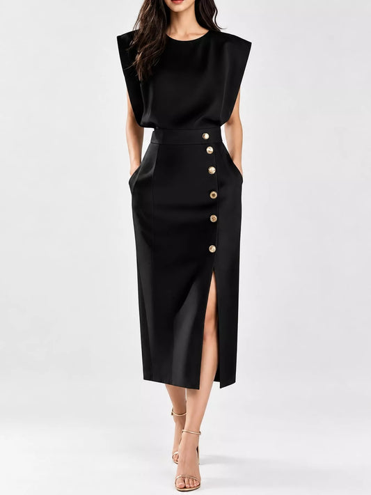 Sleeveless Midi Dress with Gold Button Detail and Side Slit - Black - View 1