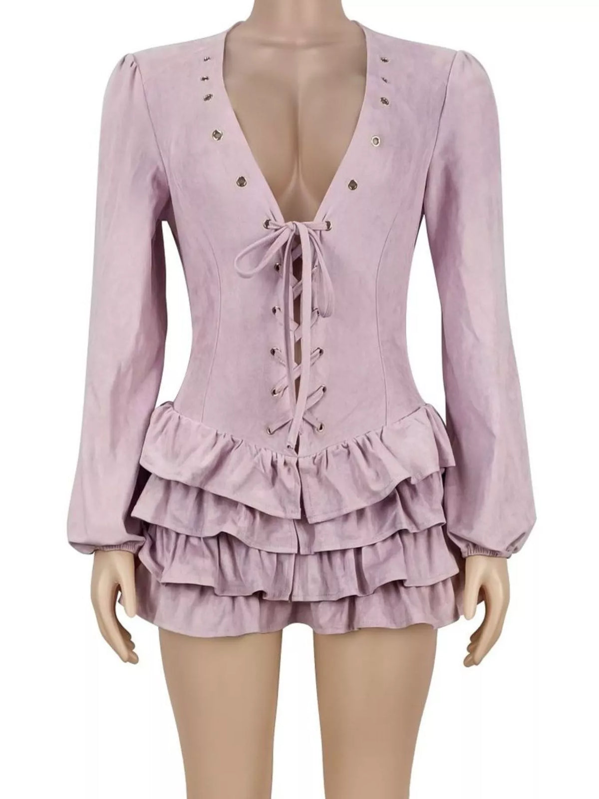 Lace-Up Ruffle Hem Long Sleeve Mini Dress - Dusty Pink - View 3