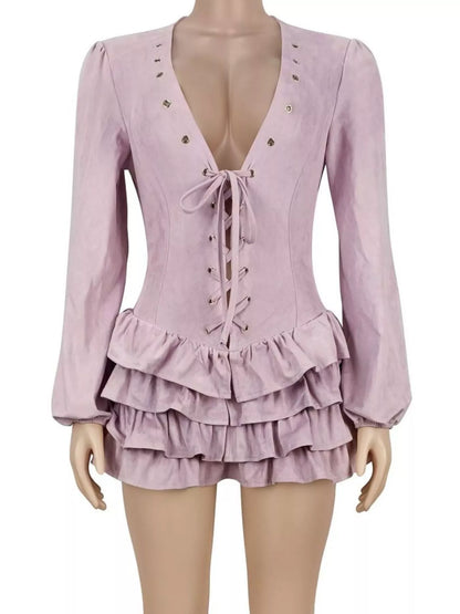Lace-Up Ruffle Hem Long Sleeve Mini Dress - Dusty Pink - View 3
