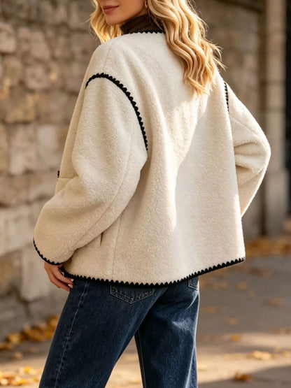 Faux Shearling Contrast Trim Button-Down Outerwear - White - View 3