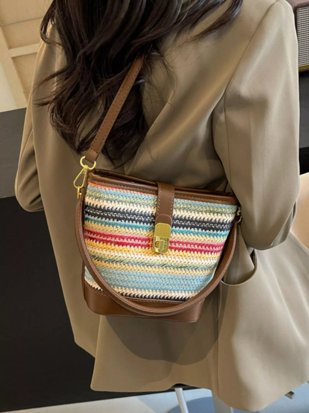 Striped Bucket Crossbody Bag - Brown - View 1
