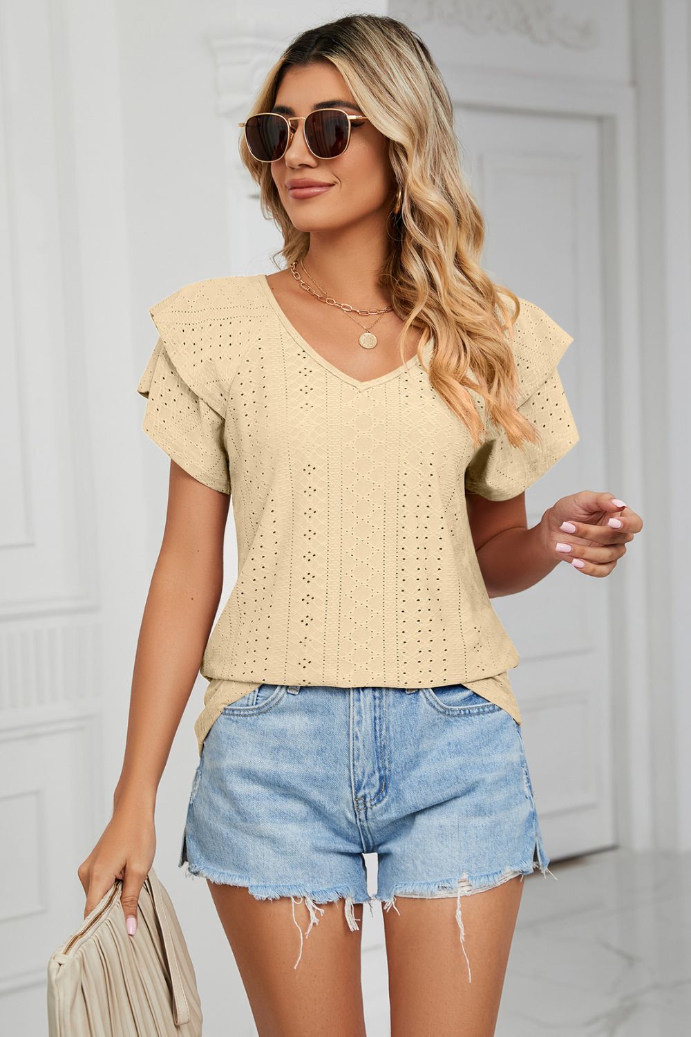 Eyelet Layered Flutter Sleeve V-Neck Knit Top - Light Yellow - View 10