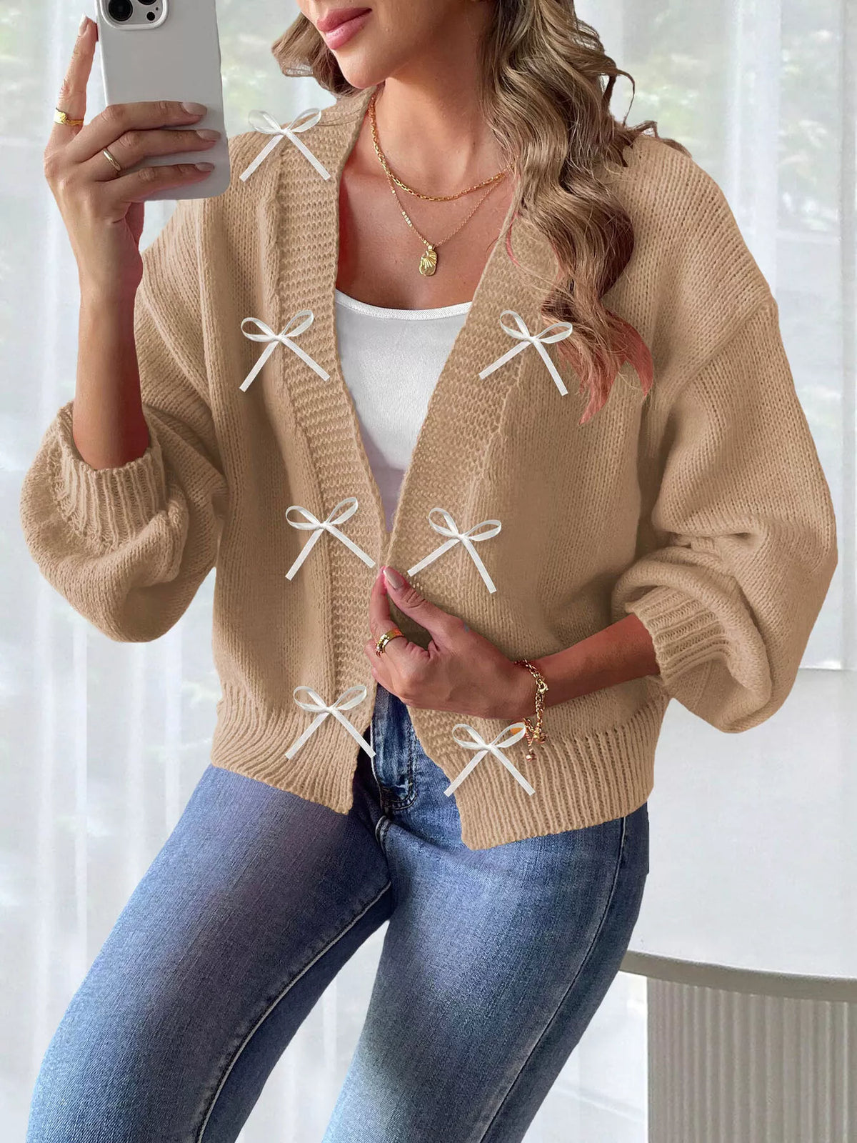 Bow-Tie Open Front Knit Cardigan - Khaki - View 2