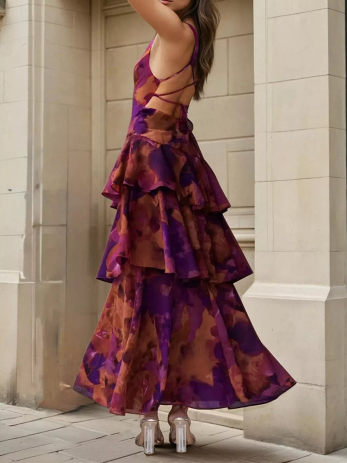 Floral V-Neck Ruffle Layered Maxi Dress - Deep Purple - View 2