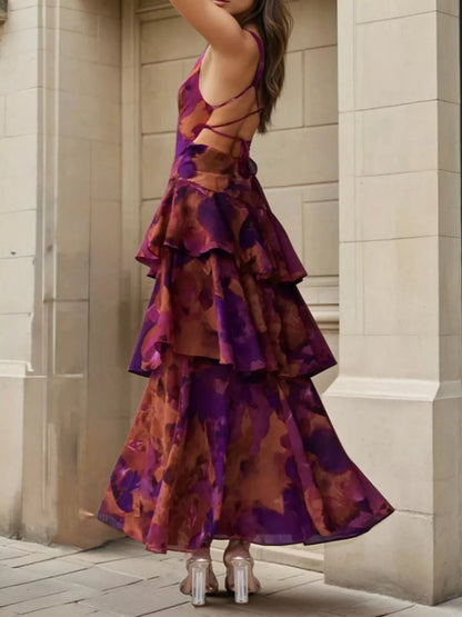 Floral V-Neck Ruffle Layered Maxi Dress - Deep Purple - View 2