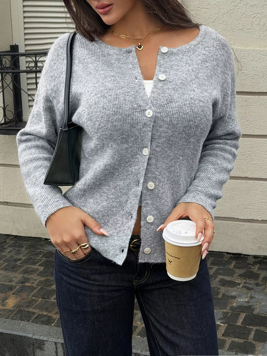 Ribbed Knit Button-Down Cardigan - Gray - View 1
