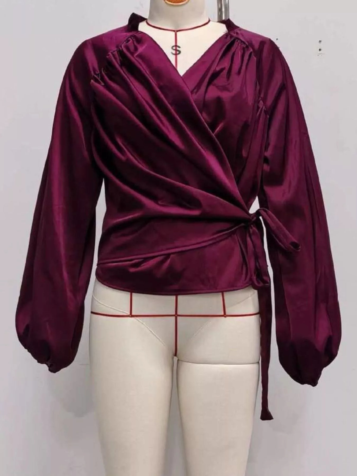 Satin Balloon Sleeve Blouse - Burgundy - View 11