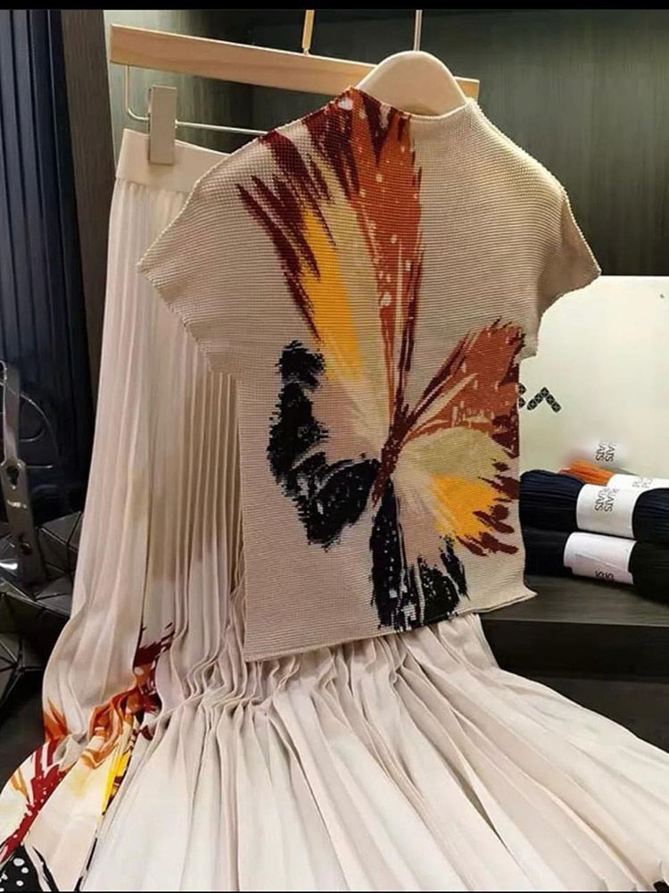 Vintage Temperament Gradient Short Sleeve Printed Shirt +  Elastic Waist Pleated Skirt Women 2 Piece Set