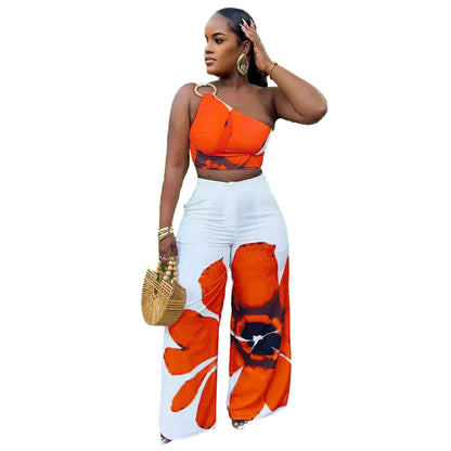Flower print one shoulder slim fit wide leg pants two-piece set