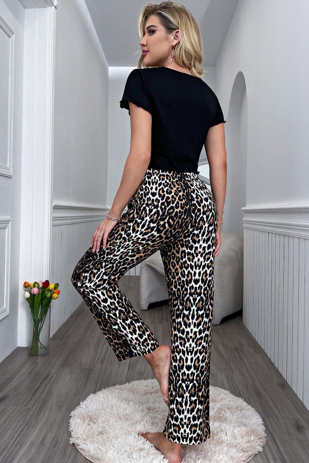 Lettuce Trim Cropped T-Shirt and Leopard Pants Lounge Set - Leopard - View 2