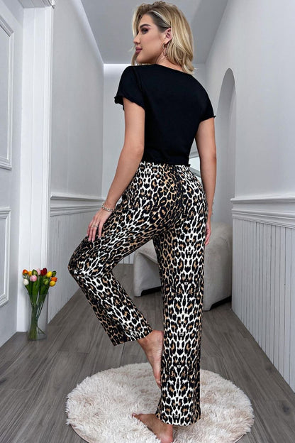 Lettuce Trim Cropped T-Shirt and Leopard Pants Lounge Set - Leopard - View 2