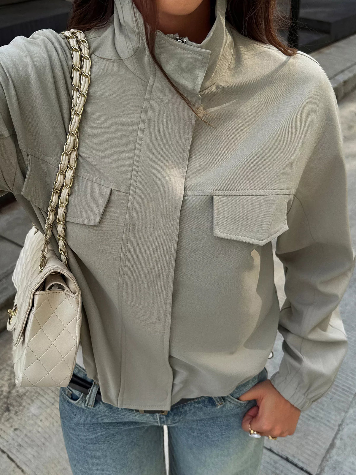 Stand Collar Zip Up Jacket - Gray - View 1