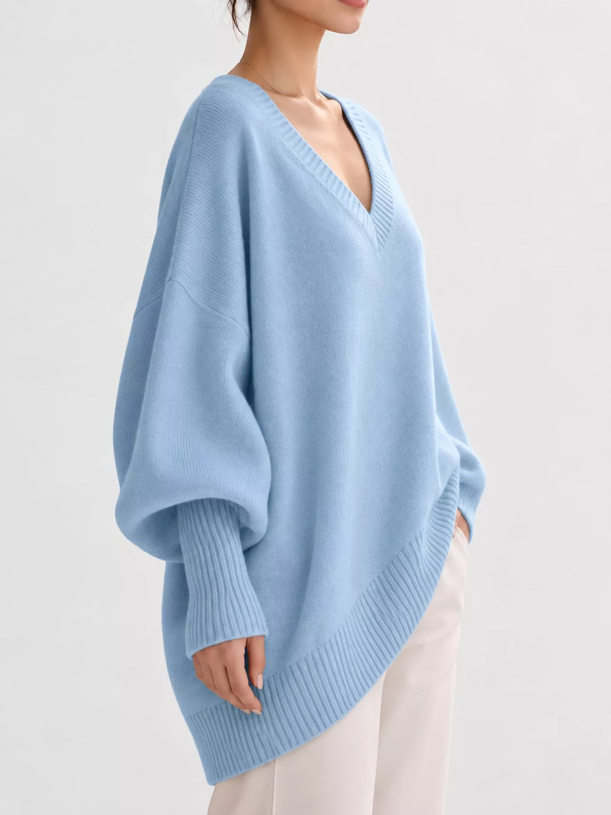 Full Size V-Neck Oversized Batwing Sleeve Sweater Plus Size - Light Blue - View 7