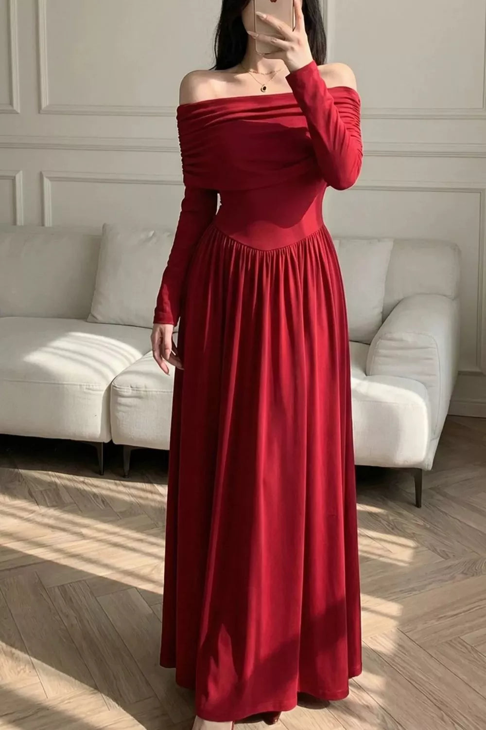 Off-Shoulder Ruched Maxi Dress - Deep Red - View 2