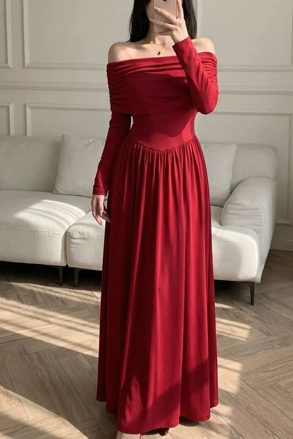 Off-Shoulder Ruched Maxi Dress - Deep Red - View 2