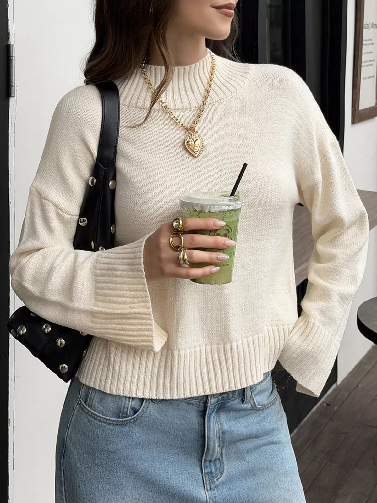 Mock Neck Dropped Shoulder Sweater - Beige - View 3