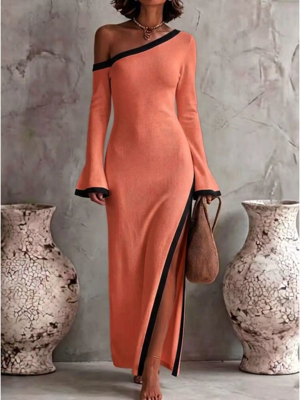 Slit One-Shoulder Contrast Trim Maxi Dress - Coral - View 1
