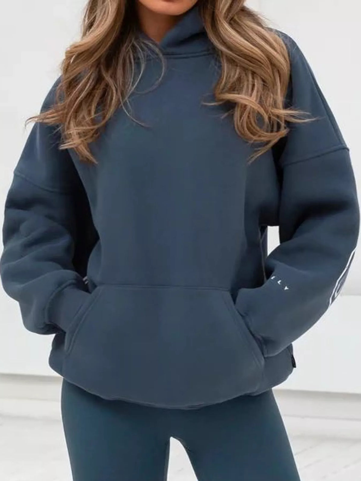 Letter Back Hoodie with Kangaroo Pocket - Ocean Blue - View 8