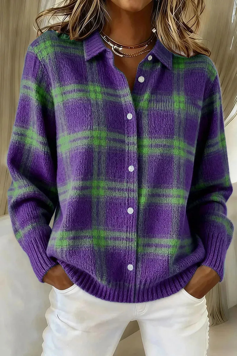 Full Size Plaid Button-Down Knit Cardigan Plus Size - Purple - View 4