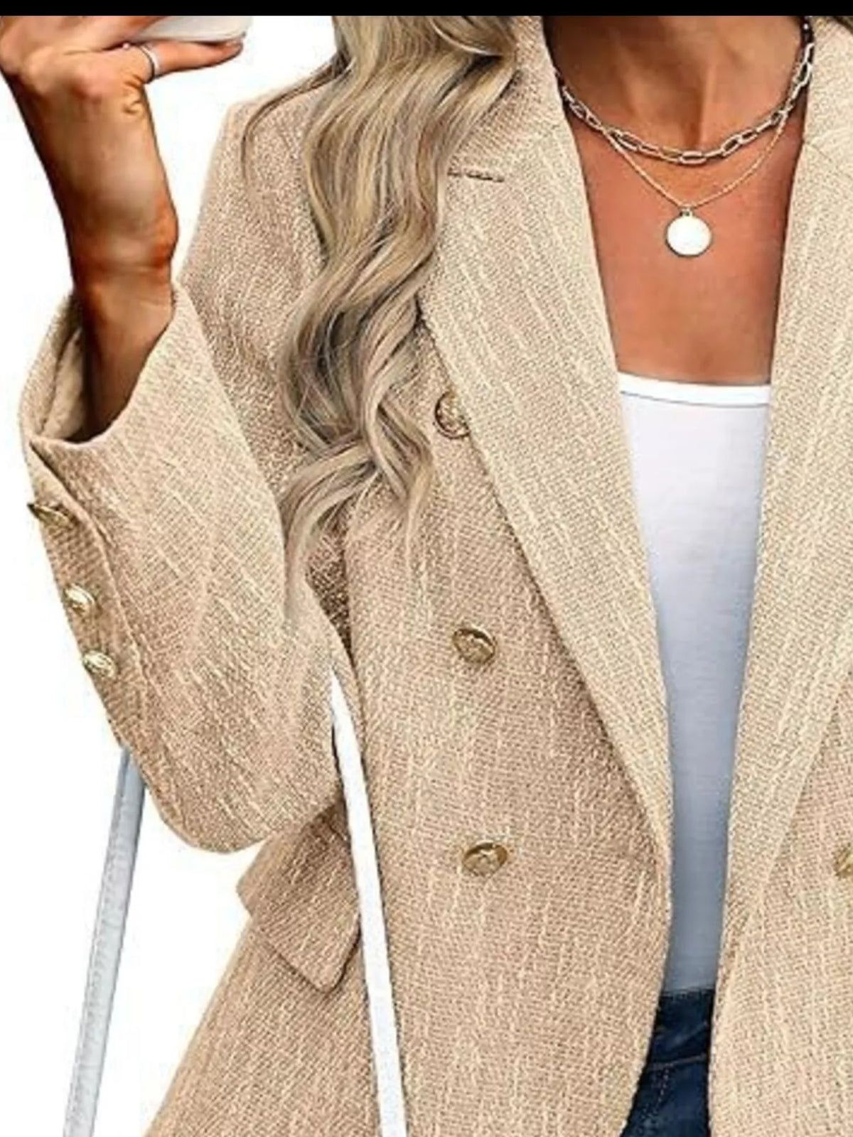 Double-Breasted Lapel Collar Blazer - Khaki - View 12