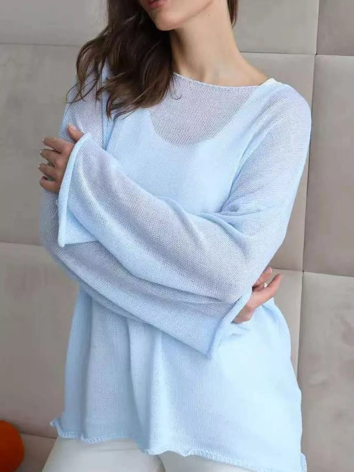 Full Size Sheer Lightweight Knit Top Plus Size - Sky Blue - View 75