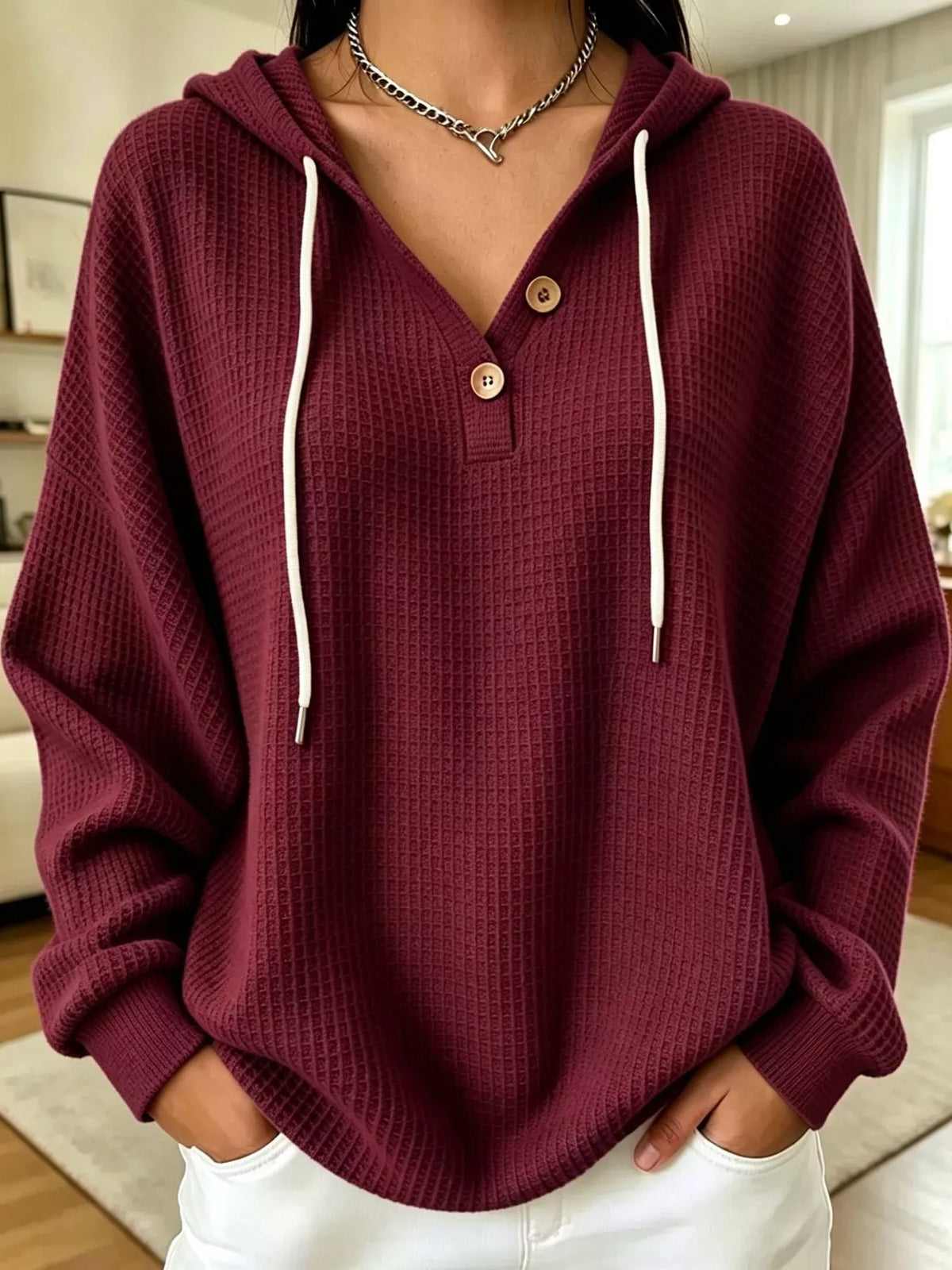 Full Size Waffle Knit Button Detail Hoodie Plus Size - Wine Red - View 25