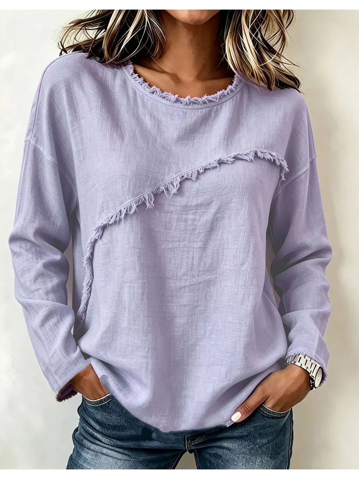 Frayed Hem Dropped Shoulder Blouse - Lavender - View 4