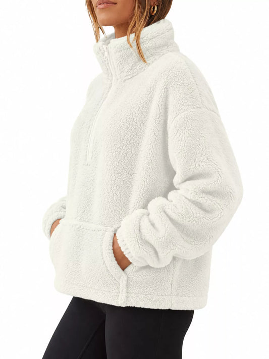 Full Size Sherpa Quarter-Zip Turtleneck Sweatshirt Plus Size - White - View 2