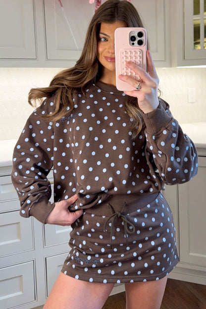 Brown Polka Dot Bow-Detail Skort Set
