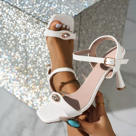 Open Toe Flare Heels Sandals - Gray/white - View 2