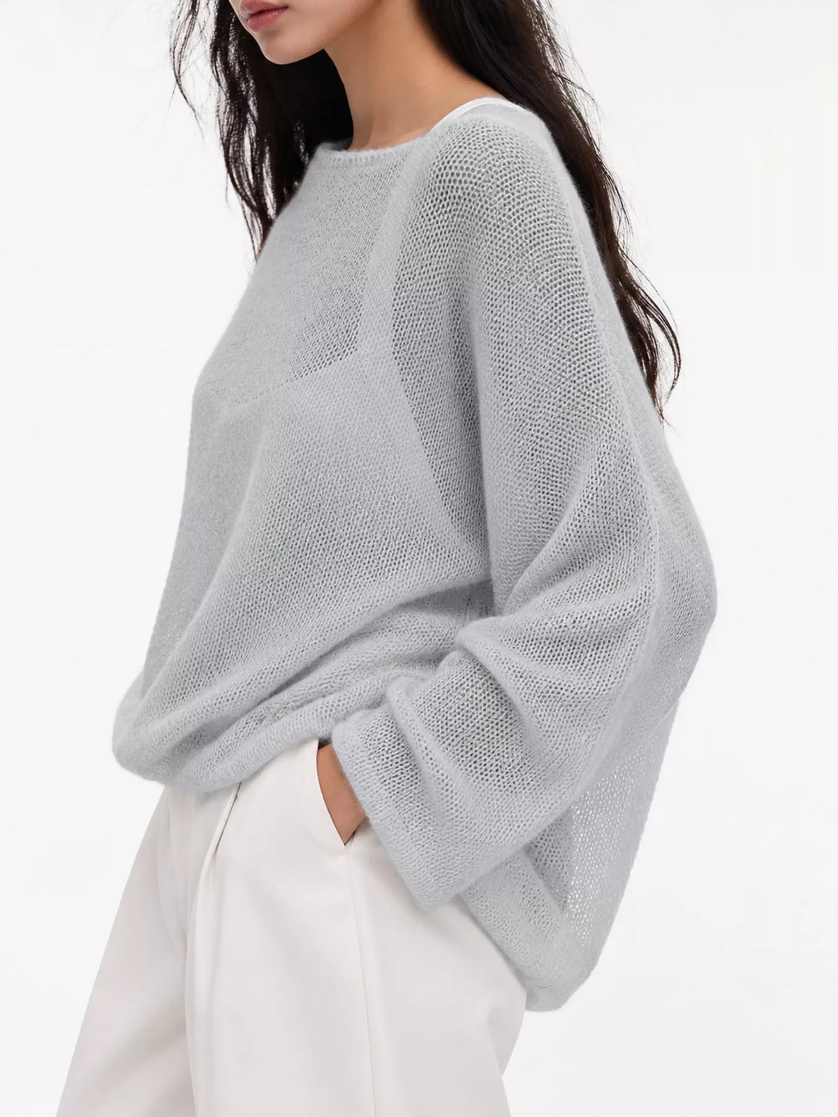 Full Size Sheer Lightweight Knit Top Plus Size - Light Gray - View 67
