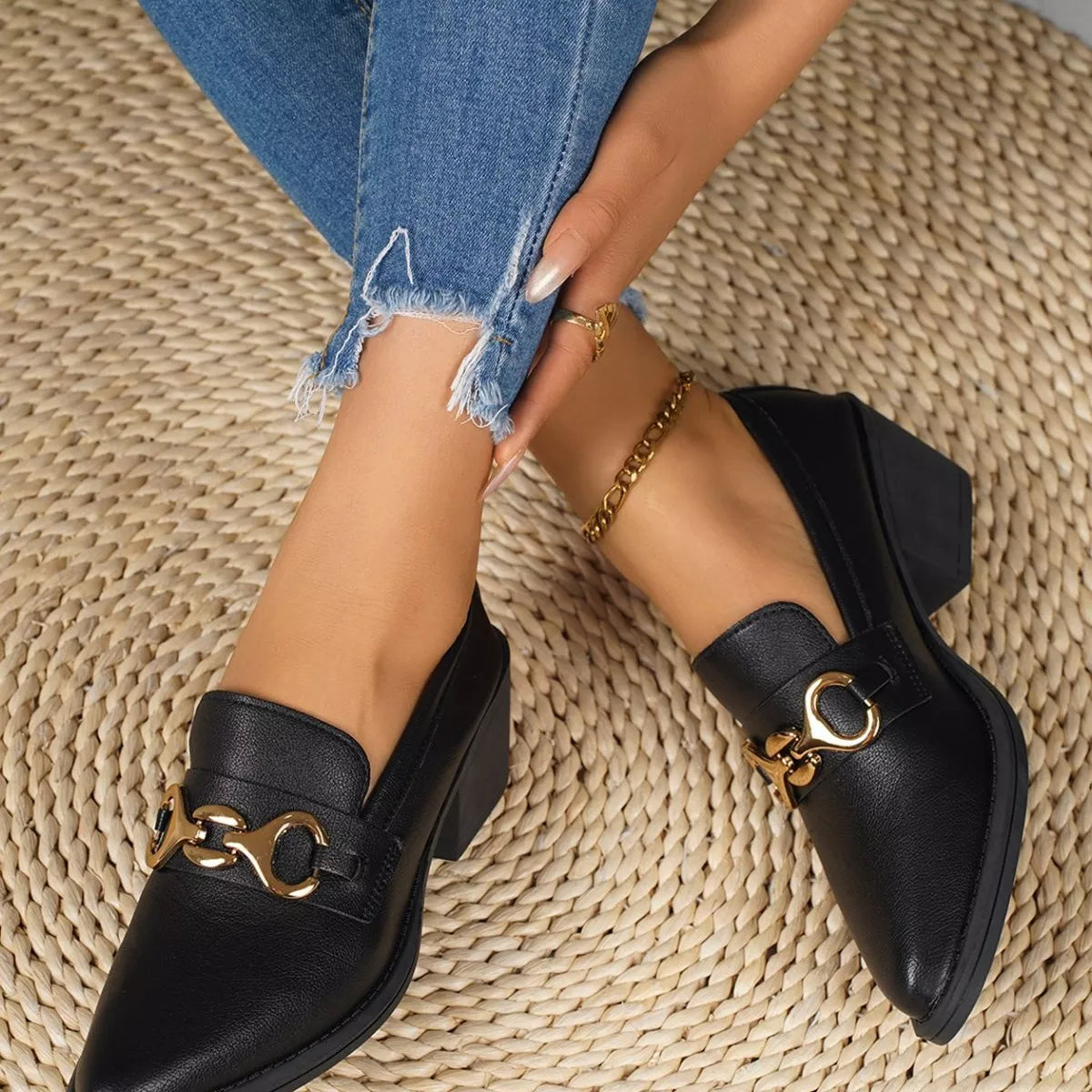 Point Toe Block Heels Loafers - F34 Black - View 1