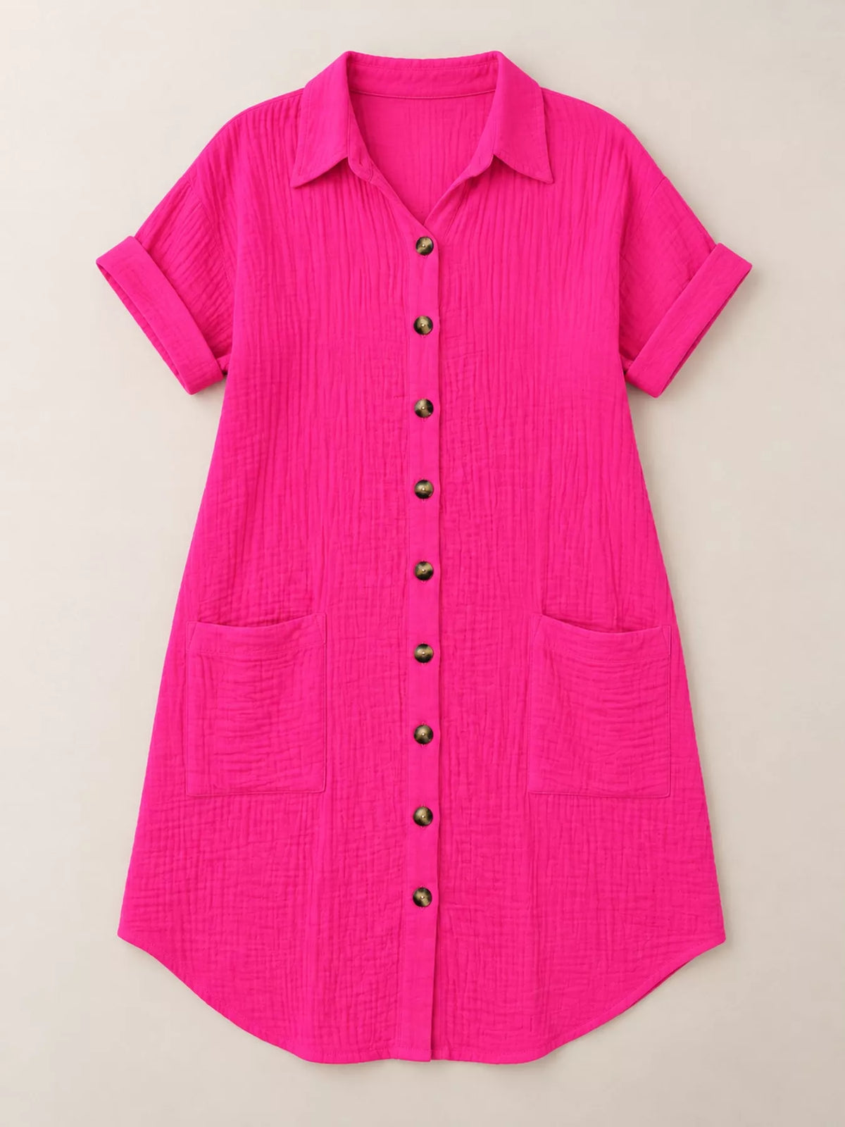 Full Size Button-Down Textured Shirt Dress with Pockets Plus Size - Hot Pink - View 16