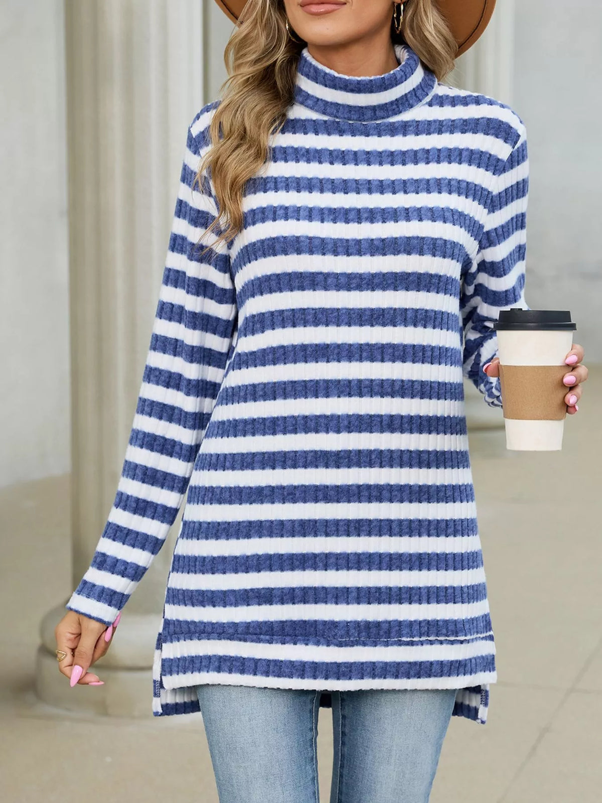 Striped Ribbed Knit Turtleneck Long Sleeve T-Shirt - Blue - View 3
