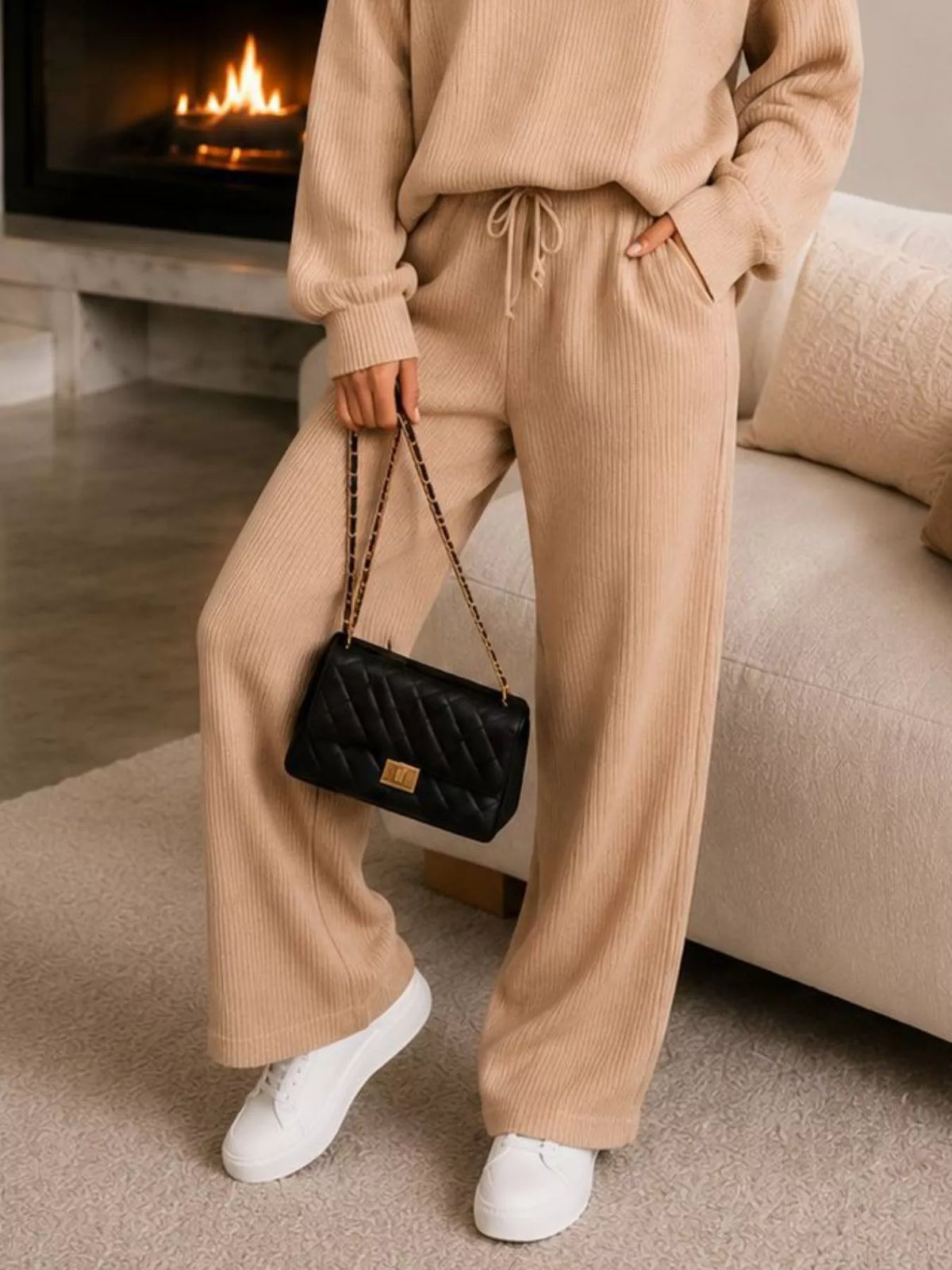 Ribbed Knit Quarter-Zip Top and Wide-Leg Pants Set - Tan - View 3